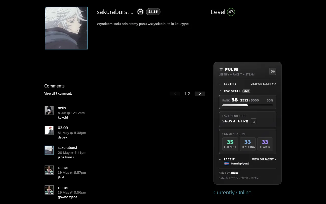CS2 Stats section: Private Rank, XP progress, friend code and commendations