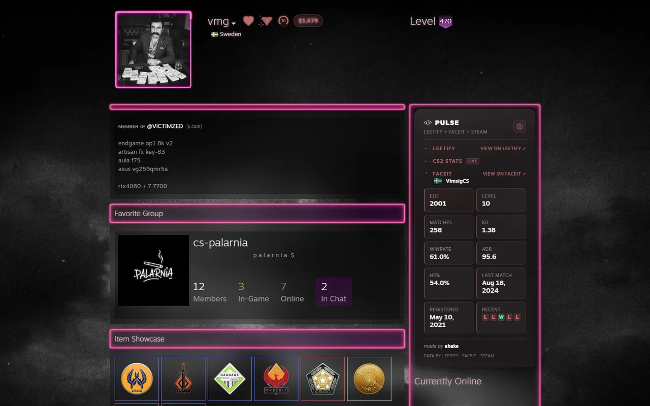 The Pulse panel on a Steam profile showing the Faceit section
