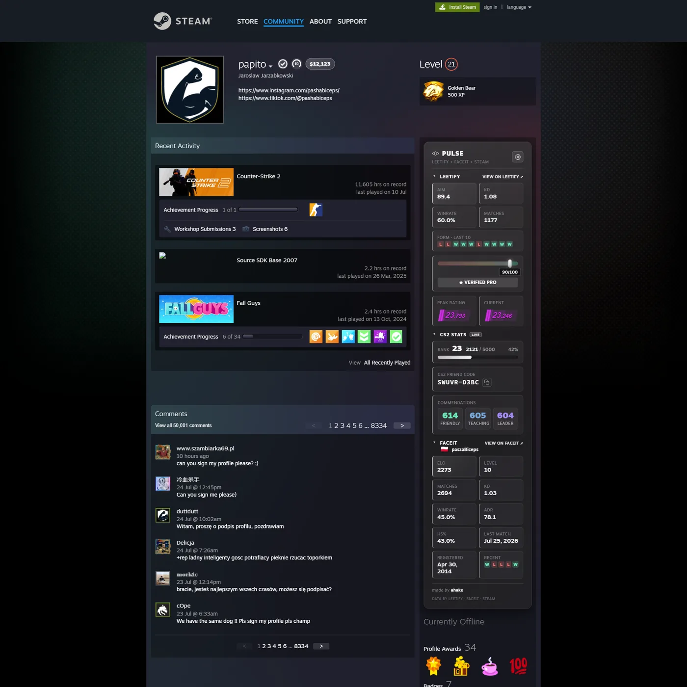 Full Pulse panel on a Steam profile (monochrome)