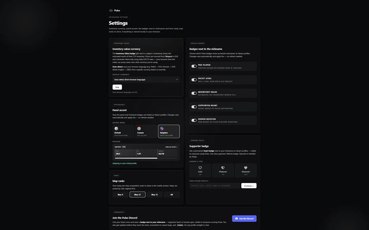 Options page: inventory currency, panel accent, nickname badges and map ranks